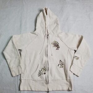 Disney Women Zip Hoodie Cream Minnie Mouse Floral Embroidered Raw Hem Y2K Size M